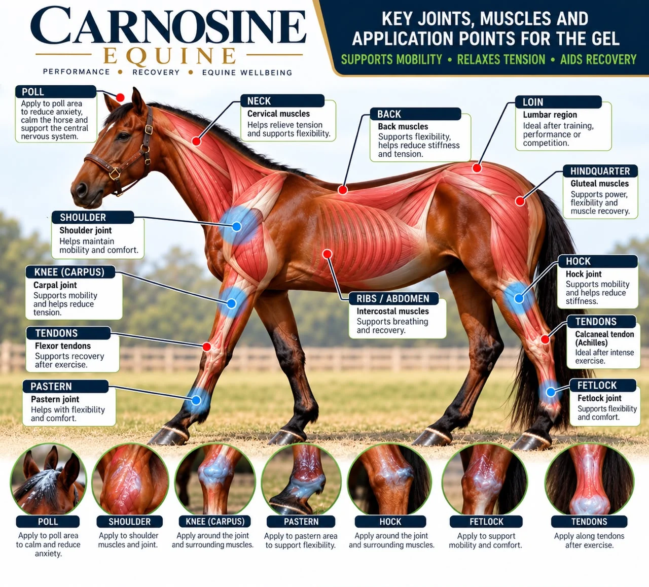 Key joints, muscles and application points for the gel, marked on a horse: poll, neck, back, loin, hindquarter, shoulder, knee, tendons, pastern, ribs, hock and fetlock