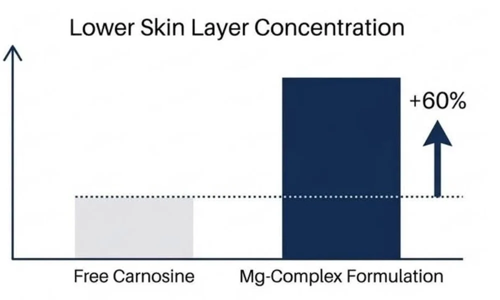 Bar chart: the magnesium complex puts around 60% more carnosine into the lower skin layers than free carnosine